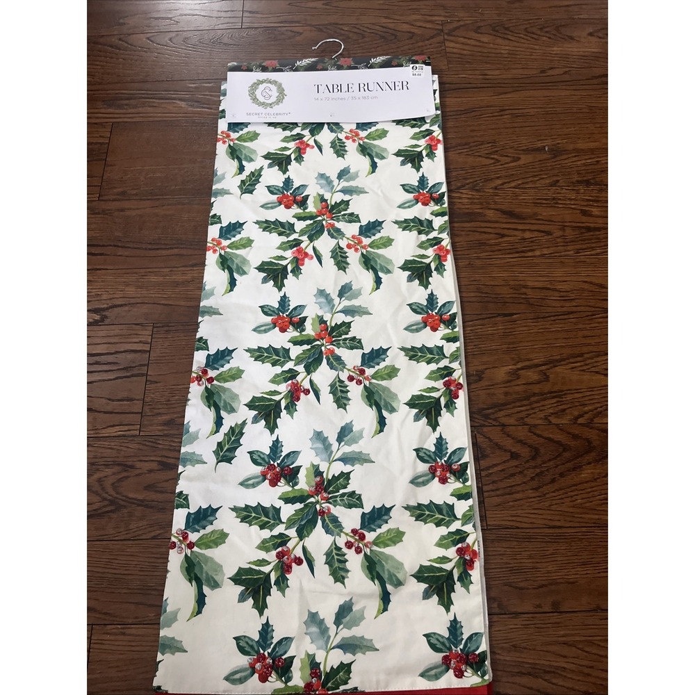 Secret Celebrity Table Runner Christmas Holly Red Green Embroidered 14" x 72"